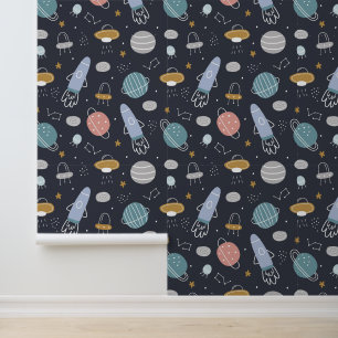 Cute Boys Pattern Rocket and Cosmos Pattern Wallpaper