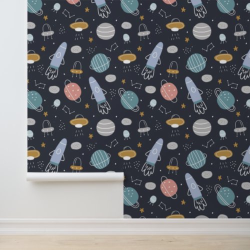 Cute Boys Pattern Rocket and Cosmos Pattern Wallpaper