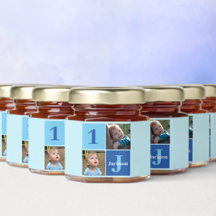 Cute Boys Photo Collage Blue Birthday Party Honey Jar Favors
