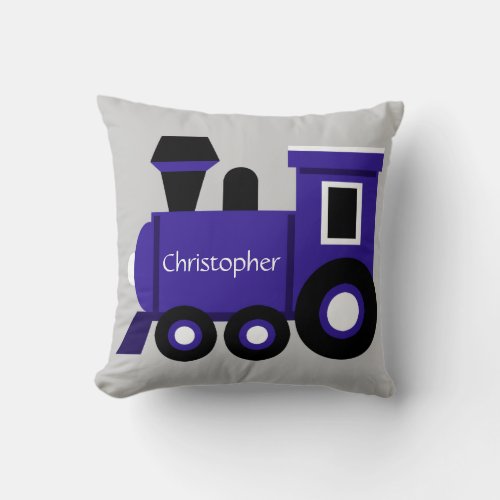 Cute Boys Pillow Blue Train w Name Throw Pillow