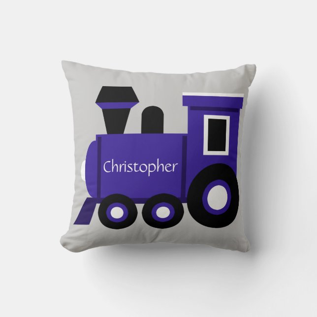 Cute Boy's Pillow, Blue Train w/ Name Throw Pillow (Front)