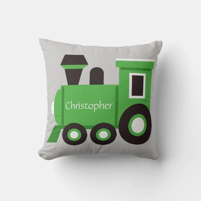 Cute Boy's Pillow, Green Train w/ Name Throw Pillow (Front)