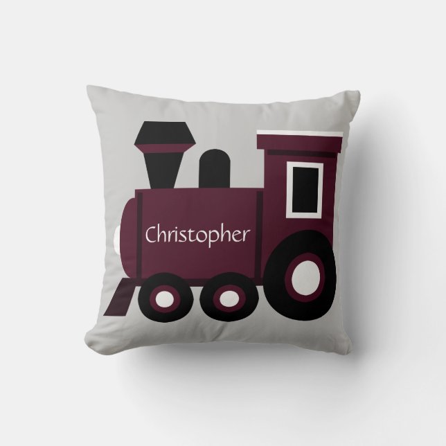 Cute Boy's Pillow, Maroon Train w/ Name Throw Pillow (Front)