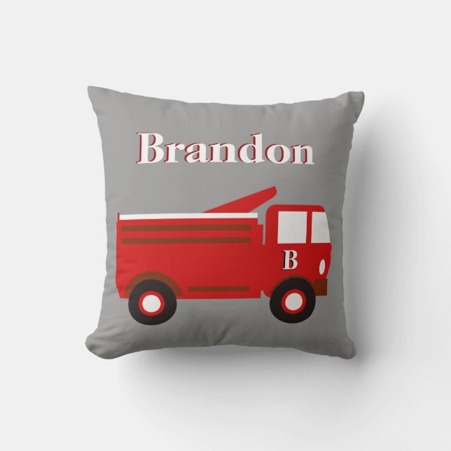 Cute Boy's Pillow, Red Firetruck on Gray, add Name Throw Pillow (Front)