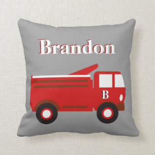 Cute Boy's Pillow, Red Firetruck on Gray, add Name Throw Pillow