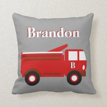 Cute Boy's Pillow  Red Firetruck On Gray  Add Name Throw Pillow by PicturesByDesign at Zazzle
