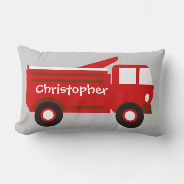 Cute Boy's Pillow, Red Firetruck w/ Name Lumbar Pillow (Front)