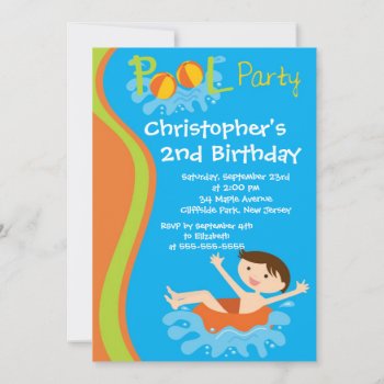 Cute Boys Pool Party Birthday Party Invitations by alleventsinvitations at Zazzle