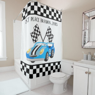 cute boys race car first place decor shower curtain