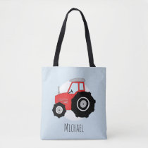 Cute Boy's Red Farmer's Tractor with Name Tote Bag