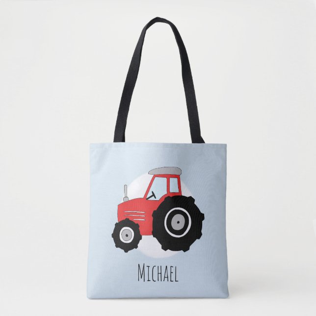 Cute Boy's Red Farmer's Tractor with Name Tote Bag (Front)