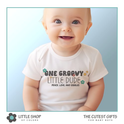 Cute Boys Retro Groovy Little Dude Baby Bodysuit