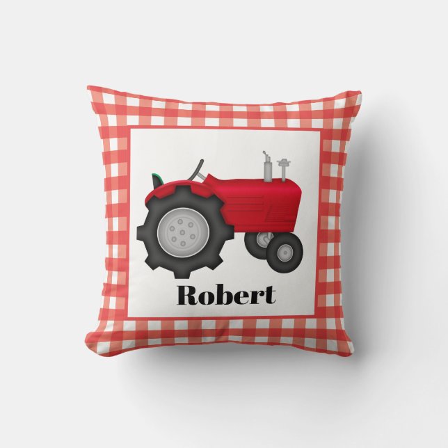 Cute boys room decor red tractor add name throw pillow (Front)