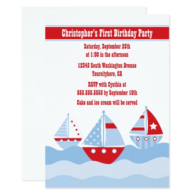 Cute Boy's Sailboats Birthday Party Invitation