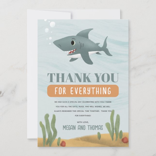 Cute Boys Shark Baby Shower Thank You Card (Front)