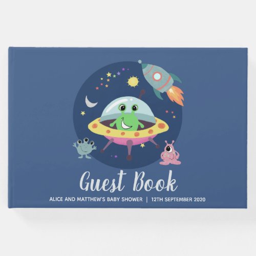 Cute Boys Space Alien Blue Baby Shower Guest Book