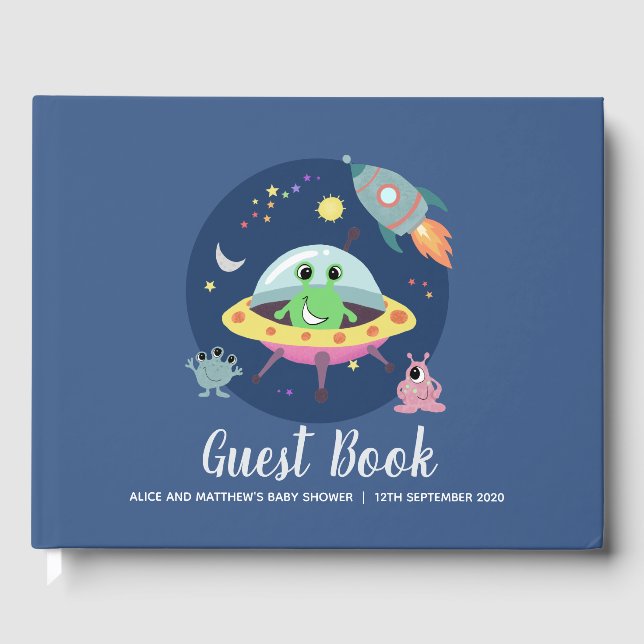 Cute Boys Space Alien Blue Baby Shower Guest Book (Front)