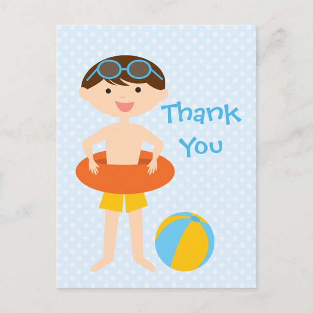 Cute boy's summer pool party thank you postcard (Front)
