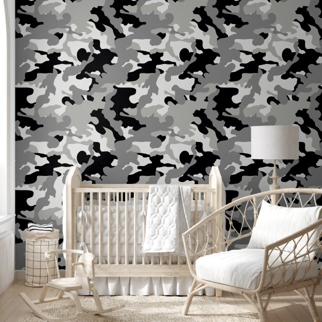 cute boys tiled camo black nursery  wallpaper  (Kids)