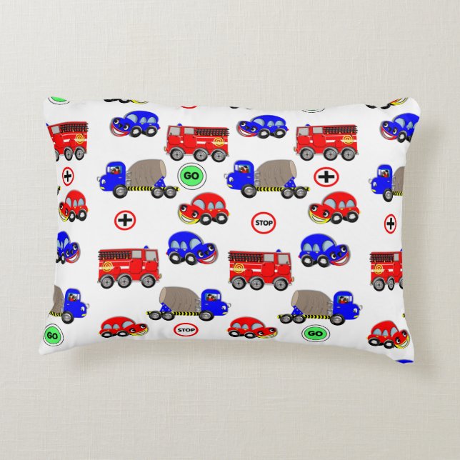 Cute Boys Toys Cars Trucks Fire Engines Design Accent Pillow (Back)