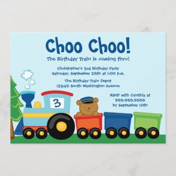 Cute Boy's Train Bear Birthday Party Invitation by Jamene at Zazzle