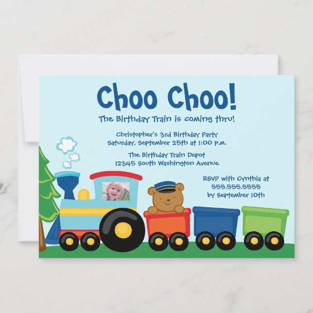 Cute boy's train birthday party photo invitation (Front)