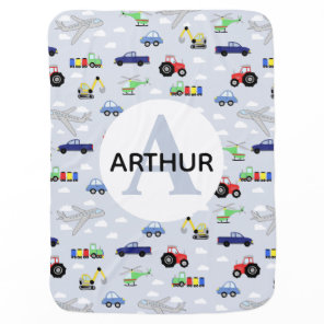 Cute Boys Transport Pattern Car Train Monogram Baby Blanket