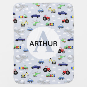 Cute Boys Transport Pattern Car Train Monogram Baby Blanket
