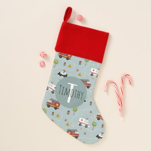 Cute Boys Transport Pattern Police Car Name Kids Christmas Stocking