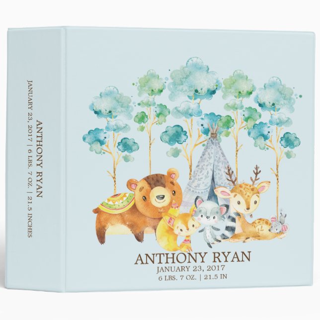 Cute Boys Tribal Woodland Animals Baby Photo Album 3 Ring Binder (Front/Spine)