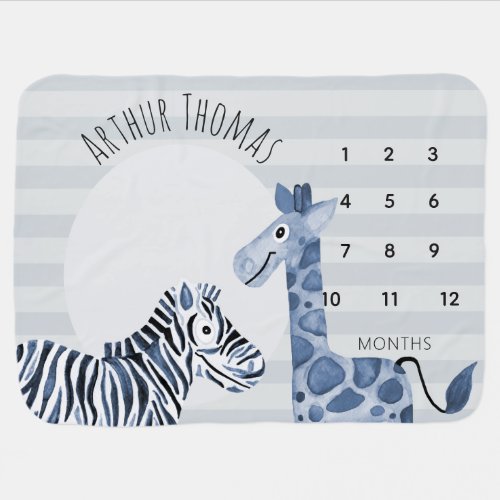 Cute Boys Watercolor Giraffe Zebra Name Milestone Baby Blanket