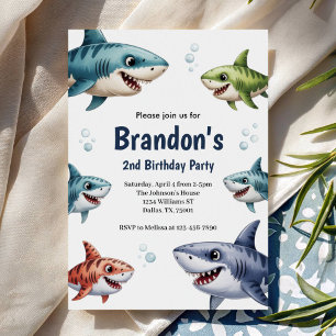 Cute Boys Watercolor Shark 2nd Birthday Party Invitation