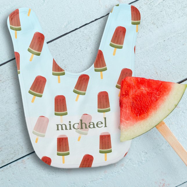 Cute Boy's Watermelon Popsicle Pattern Baby Bib (Add your little popsicle's name to this baby bib. Perfect for summer!)