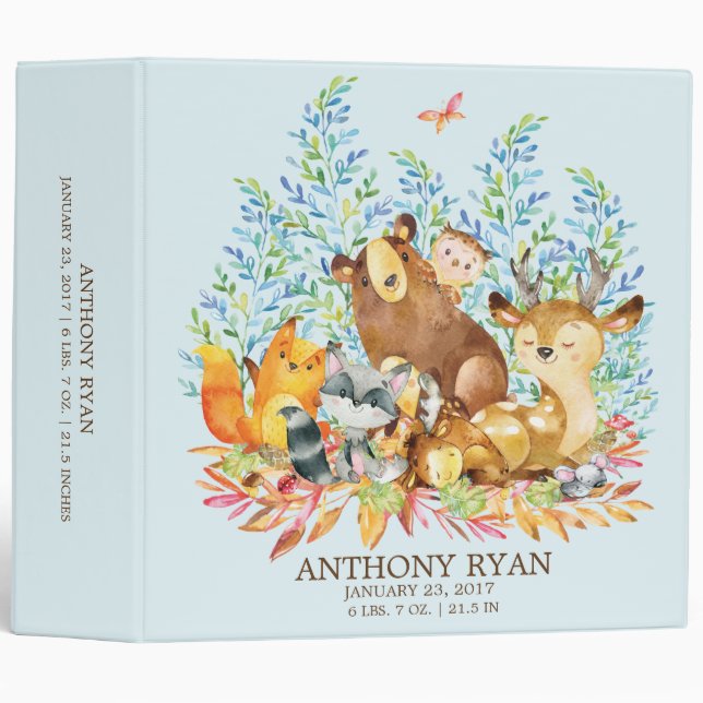 Cute Boys Woodland Animals Baby Photo Album Binder (Front/Spine)