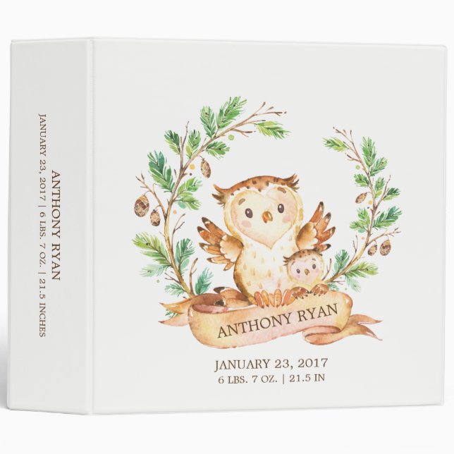 Cute Boys Woodland Owls Baby Photo Album Binder (Front/Spine)