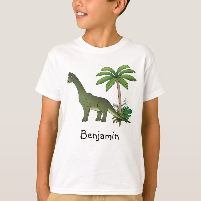 Cute Brachiosaurus And Palm Tree With Childs Name T-Shirt (Front)