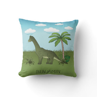 Cute Brachiosaurus Dinosaur Blue Sky Custom Name Throw Pillow