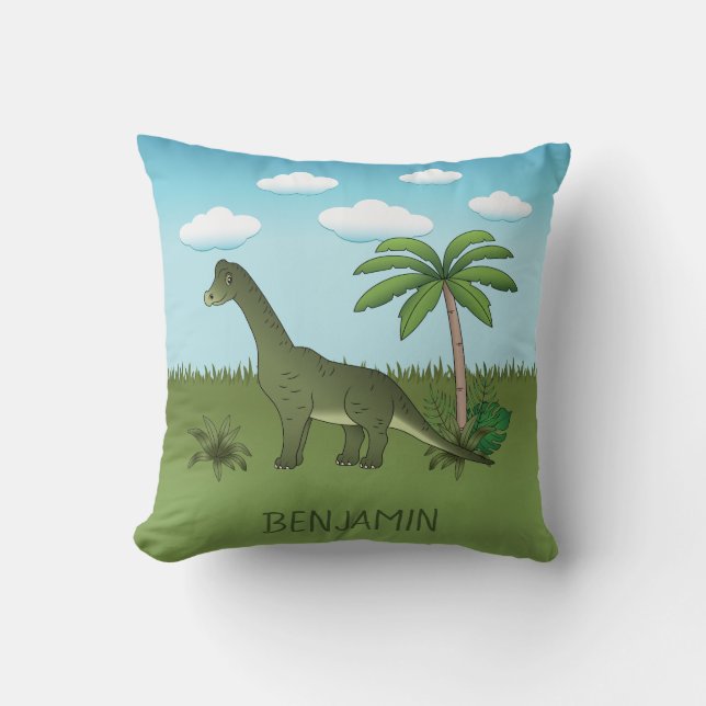 Cute Brachiosaurus Dinosaur Blue Sky Custom Name Throw Pillow (Front)
