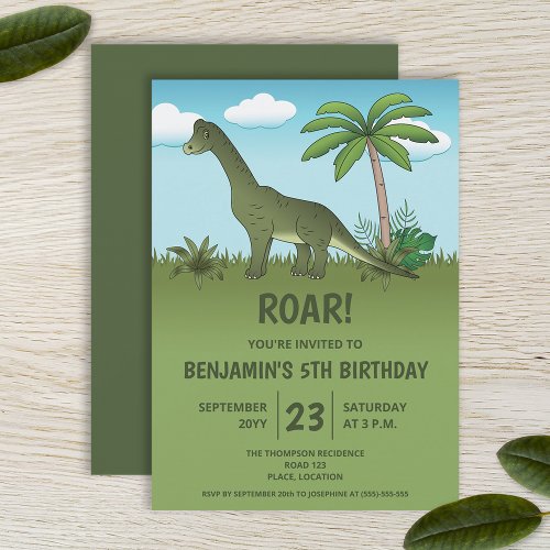 Cute Brachiosaurus Dinosaur Kids Birthday Party Invitation