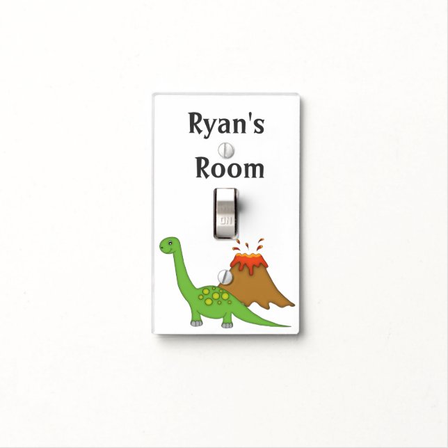 Cute Brachiosaurus Dinosaur/Volcano+Add Name Light Switch Cover (In Situ)