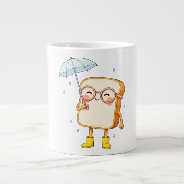 Cute Bread Character with Umbrella – Cozy Rainy  Giant Coffee Mug (Front)