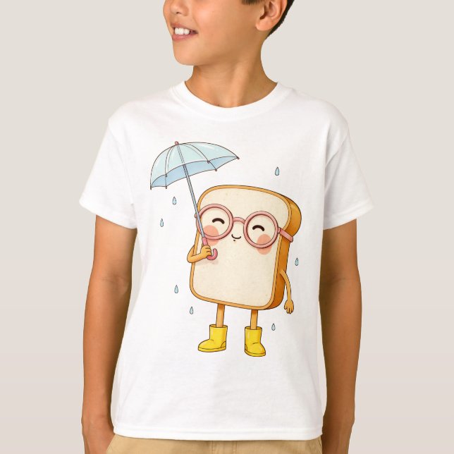 Cute Bread Character with Umbrella – Cozy Rainy T-Shirt (Front)