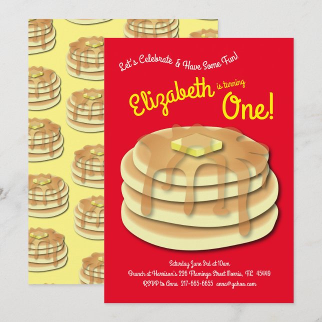Cute Breakfast Brunch Kids 1st Birthday Pancakes Invitation (Front/Back)