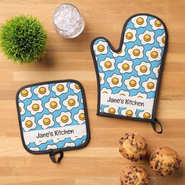cute breakfast egg (name) oven mitt & pot holder set (Top Down)