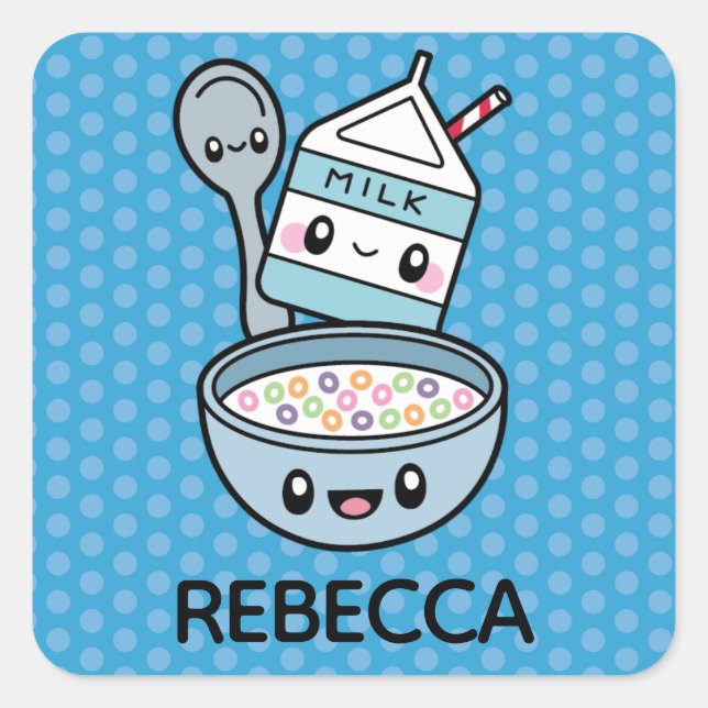 Cute Breakfast Food Cereal & Milk Square Sticker (Front)