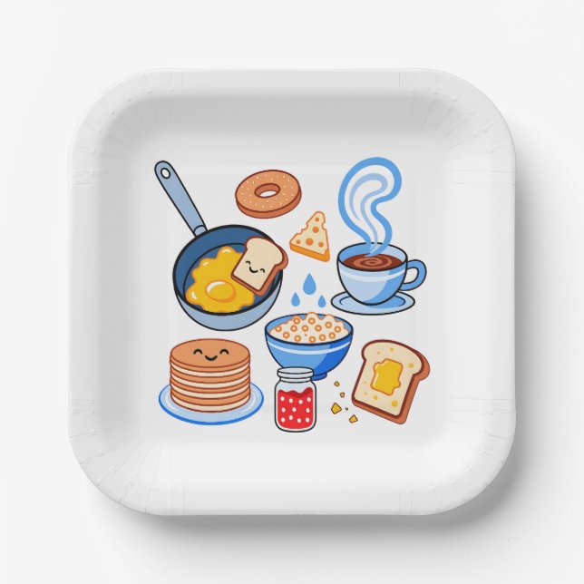 Cute Breakfast Pattern – Kawaii Food Seamless Paper Plates (Front)