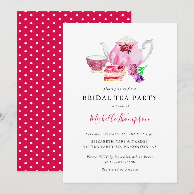 Cute Bridal Shower Tea Party Pink Teapot Script In Invitation (Front/Back)