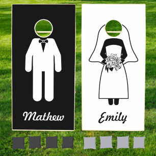 Cute Bride and Groom Black White Custom Wedding Cornhole Set