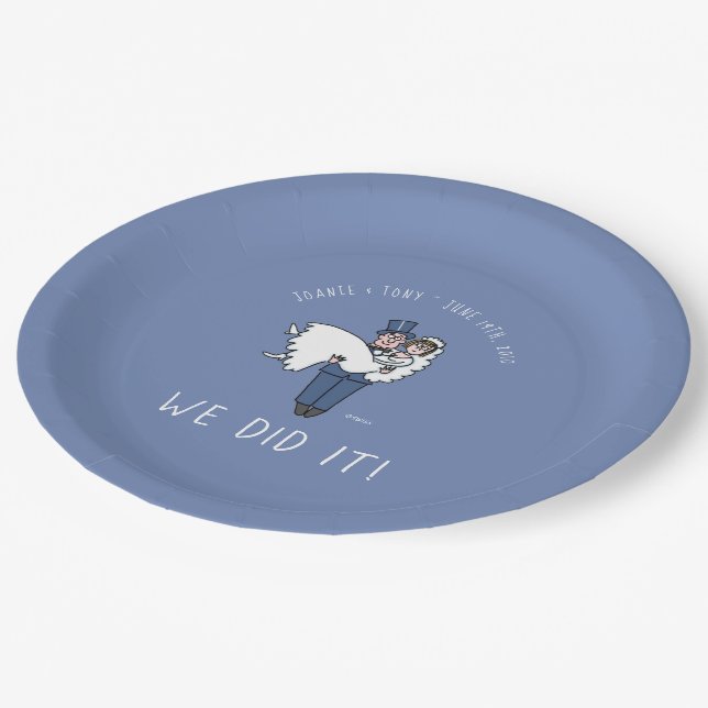 Cute Bride and Groom Cartoon Wedding Reception Paper Plates (Angled)