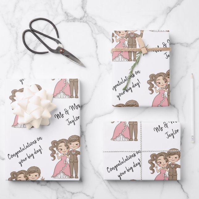 Cute Bride and Groom Names White Wrapping Paper Sheets (Front)